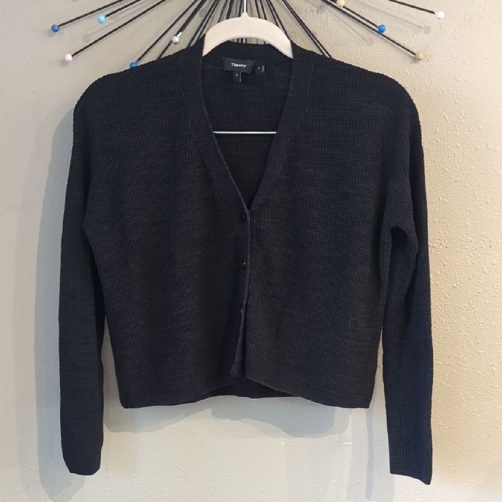 Theory Button Cardigan Vneck Black Gray Blend Linen Breathable Layering Crop